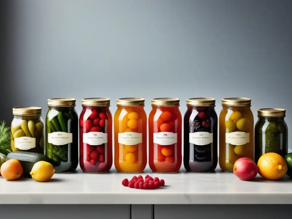 Un arcoíris de vinagres aromatizados con frutas y vegetales fermentados en frascos coloridos, en una cocina minimalista iluminada naturalmente