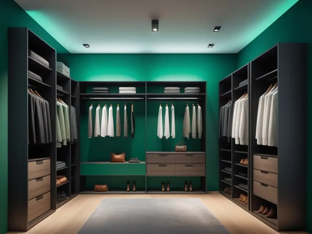 Armario moderno con moda vegana en verde Un armario moderno lleno de ropa vegana en tonos verdes, transformando la moda sostenible
