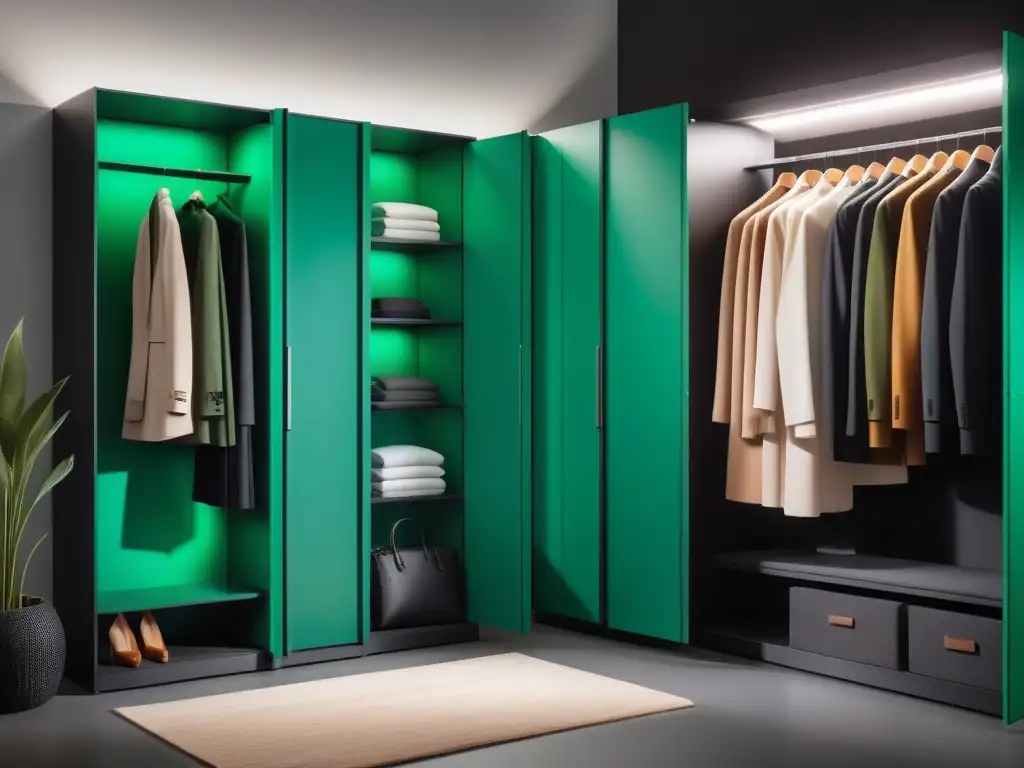 Armario eco chic: moda vegana sostenible en tonos verdes Armario moderno con moda vegana sostenible transformando un guardarropa chic en verde