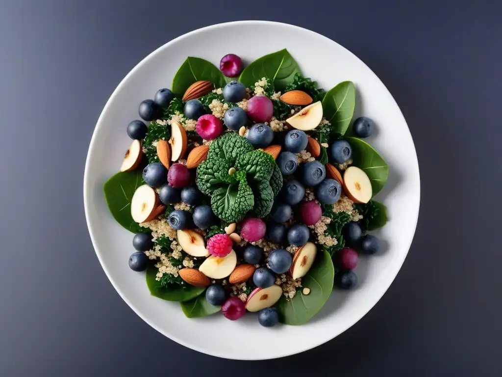 Una armonía exquisita de superalimentos veganos sin lácteos: kale, arándanos, almendras, semillas de chía y quinoa sobre un plato blanco, resaltando frescura y texturas