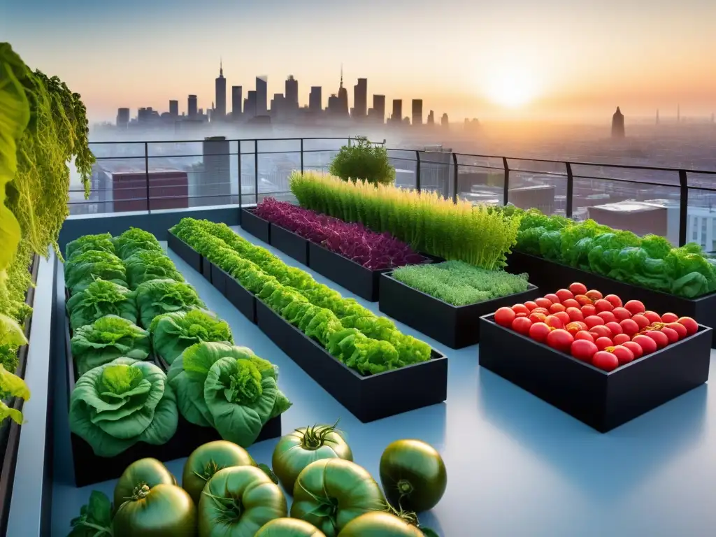 Armonía entre naturaleza y ciudad en un huerto urbano con vegetales crudos frescos en una terraza moderna