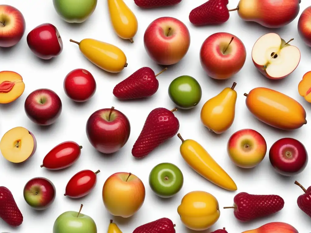 Una armoniosa composición de frutas y verduras coloridas sobre fondo blanco