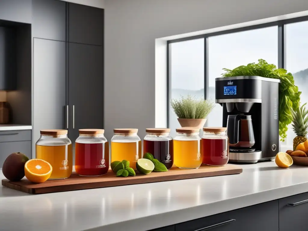 Armoniosa escena de cocina moderna para hacer kombucha en casa, resaltando los beneficios de la kombucha casera