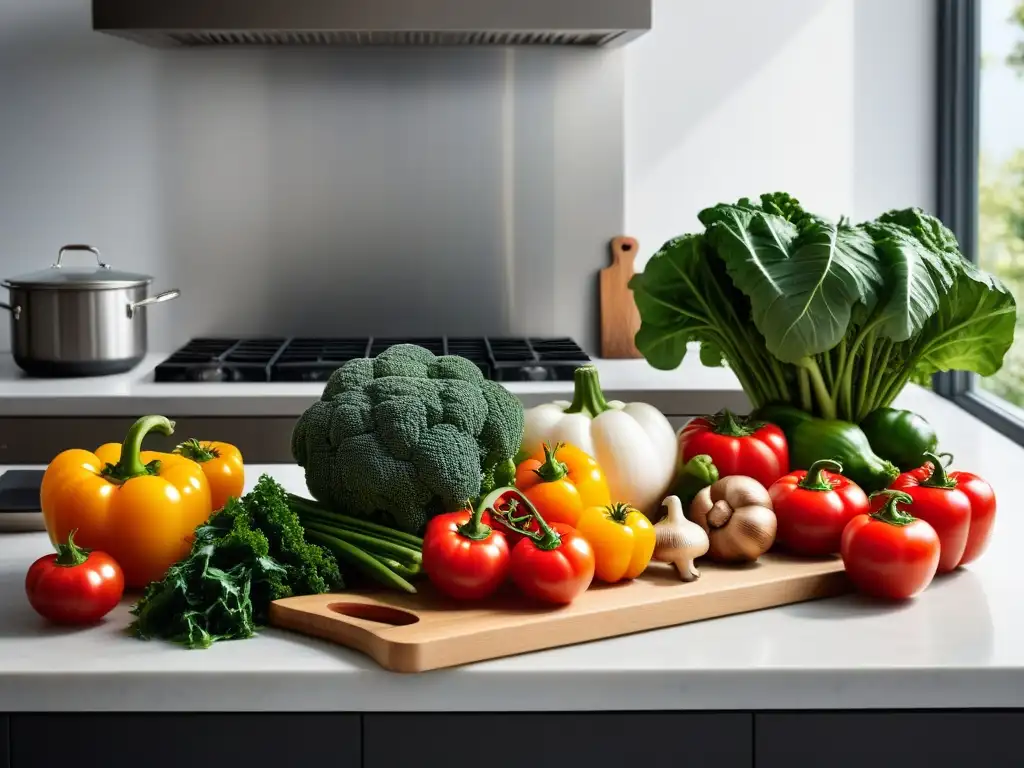 Una armoniosa selección de vegetales frescos de colores vivos en una cocina moderna, evocando la cocción lenta gastronomía vegana