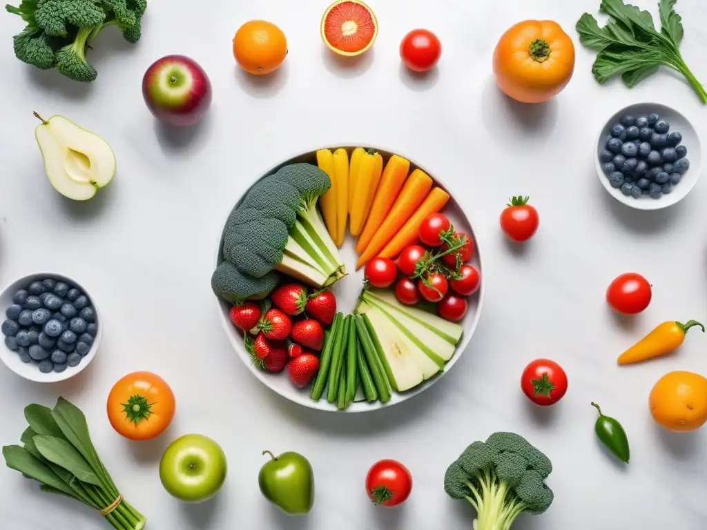 Una armoniosa variedad de frutas y verduras frescas en un elegante diseño circular sobre un mostrador de mármol blanco