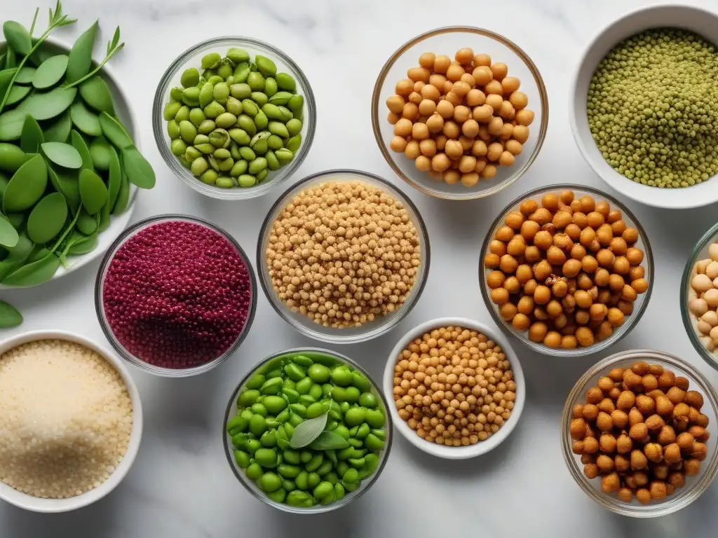 Un armonioso surtido de fuentes proteínas veganas equilibradas en un elegante mostrador de mármol blanco