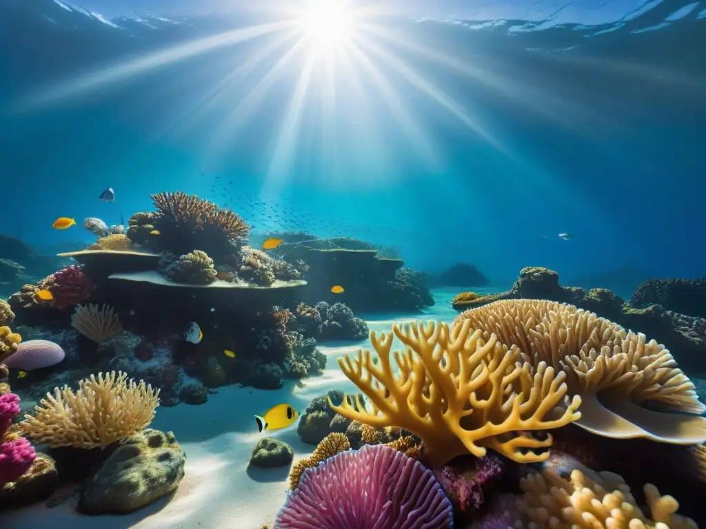 Un arrecife de coral submarino lleno de vida marina colorida, con rayos de sol filtrándose a través del agua cristalina