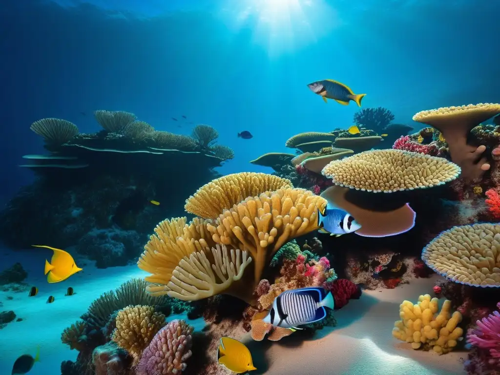 Un arrecife de coral vibrante, lleno de vida marina, bajo aguas cristalinas