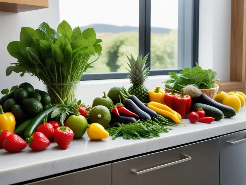 Arreglo colorido de frutas y verduras frescas en envases reutilizables, iluminados por luz natural