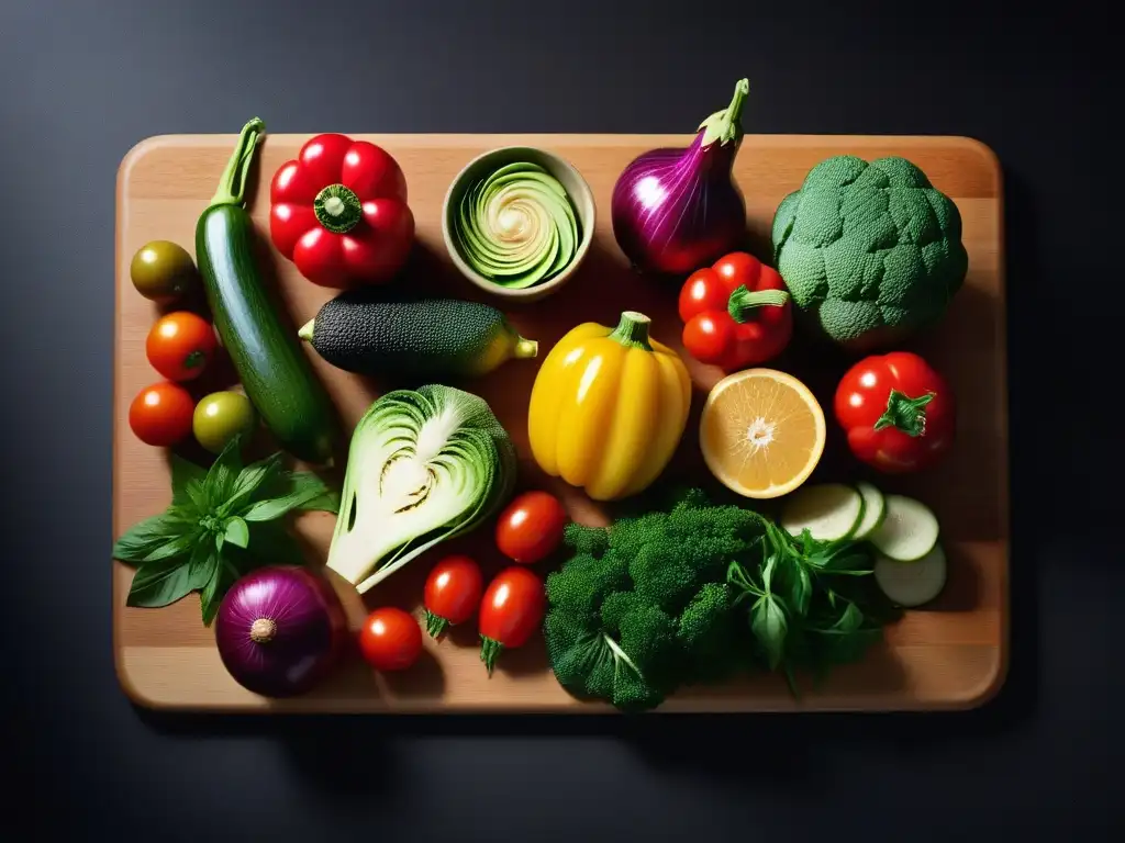 Arreglo colorido de vegetales, frutas y hierbas en tabla de corte de madera, detalle y frescura