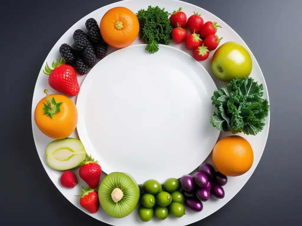 Arreglo vibrante de frutas y verduras frescas en plato blanco moderno