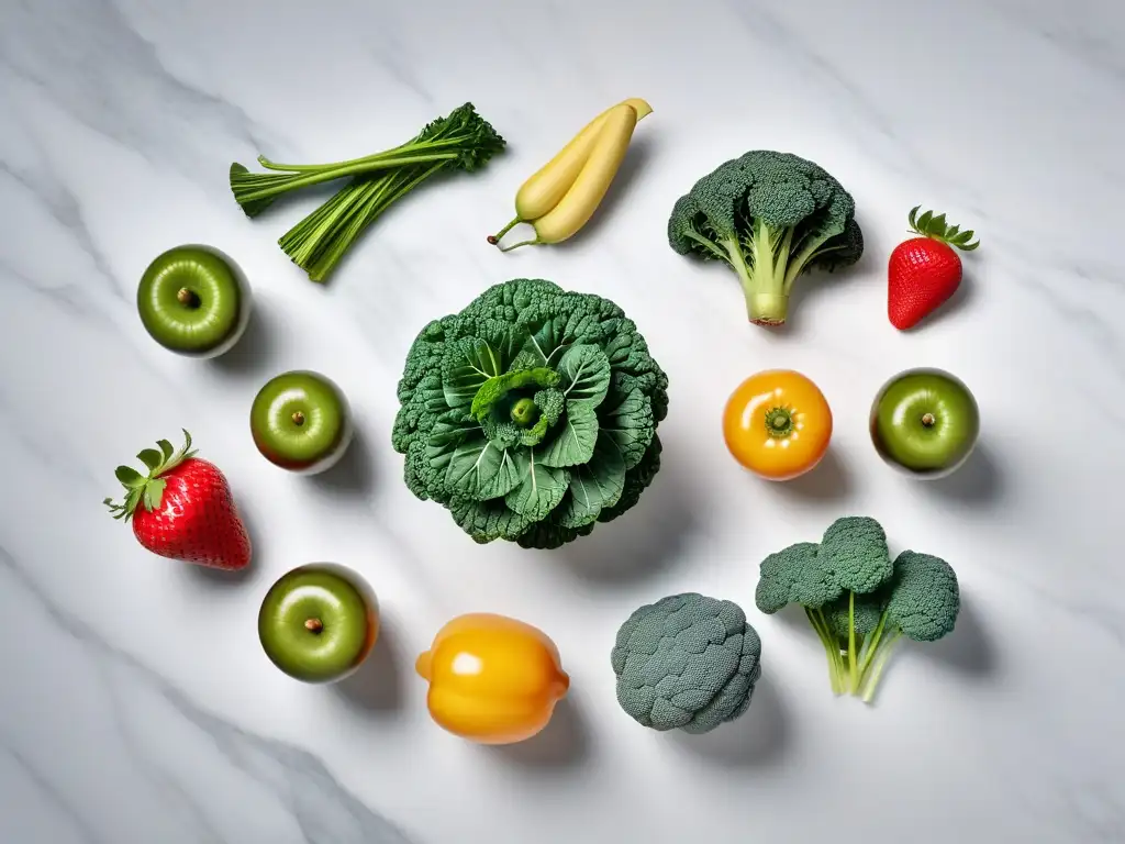 Arreglo vibrante de frutas y verduras en mármol blanco: detalle y color en alimentos naturales