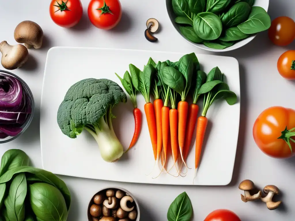 Arreglo vibrante de verduras frescas en tabla blanca: tomates rojos, espinacas verdes, zanahorias naranjas y hongos marrones