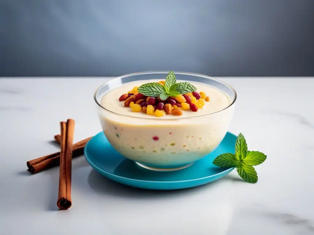 Un arroz con leche vegano, vibrante y colorido, adornado con canela y hojas de menta fresca en un bol moderno, sobre un fondo minimalista