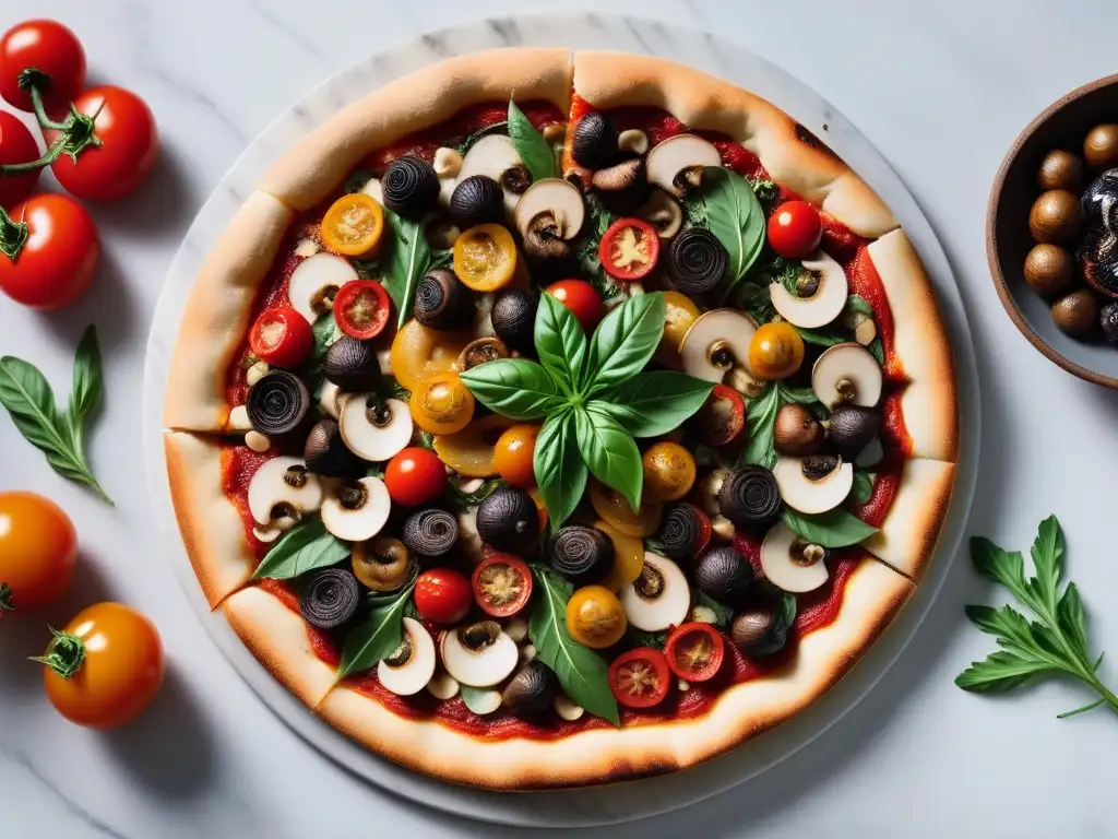 Arte culinario: ingredientes veganos en pizza gourmet sobre mármol