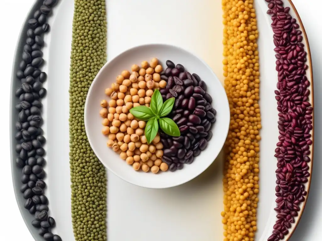 Patrón vibrante de legumbres: detalle y color en plato blanco Arte culinario vegano: legumbres coloridas en plato blanco, perfecto para recetas veganas con legumbres