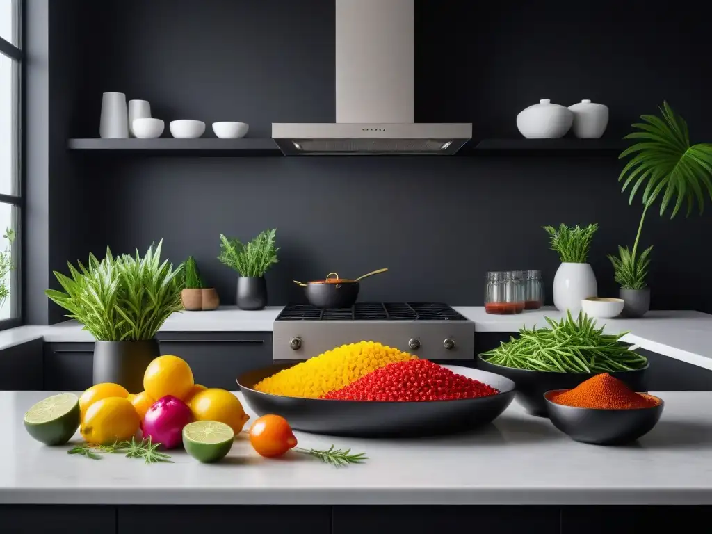 Arte culinario vegano minimalista: cocina con platos veganos coloridos y creativos en un ambiente sereno y elegante