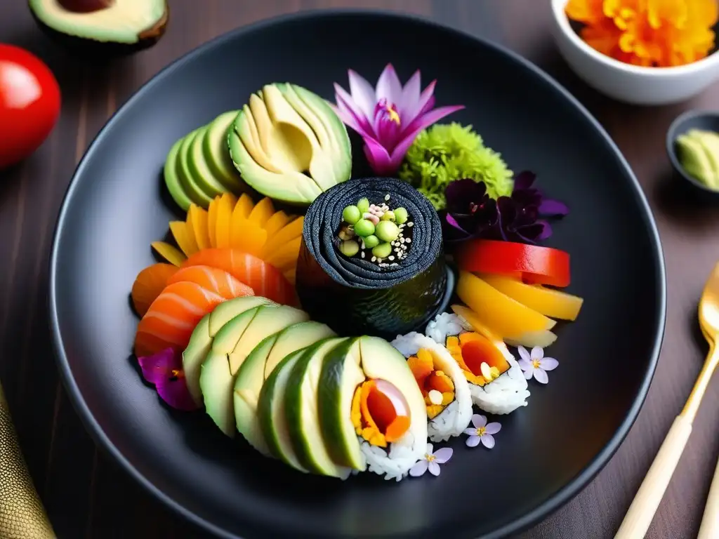 Arte culinario vegano minimalista: detallada imagen de un bol de sushi vegano con aguacate, vegetales y flores comestibles en un elegante plato negro