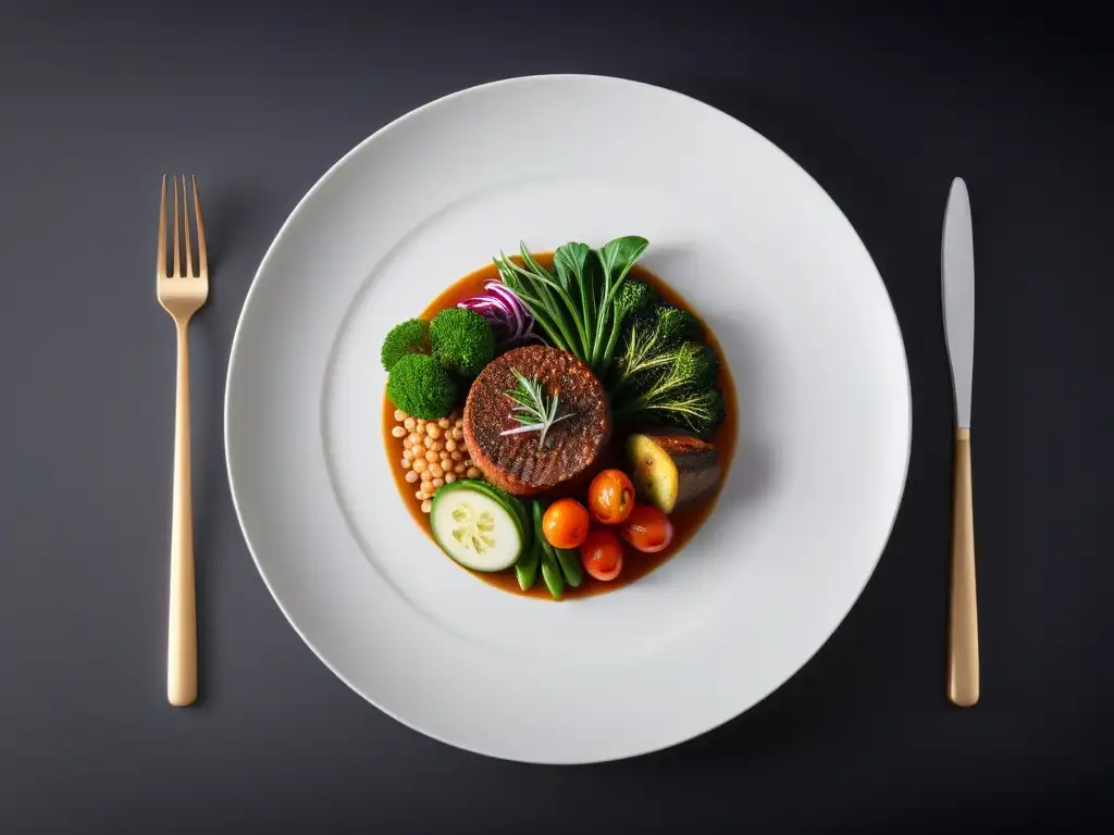 Arte culinario vegano minimalista: Recetas veganas minimalistas del mundo en un plato blanco moderno con vegetales, granos y hierbas vibrantes