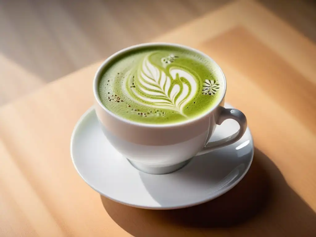 Arte en matcha latte: diseño elegante en taza blanca sobre mesa de madera, ideal para veganos