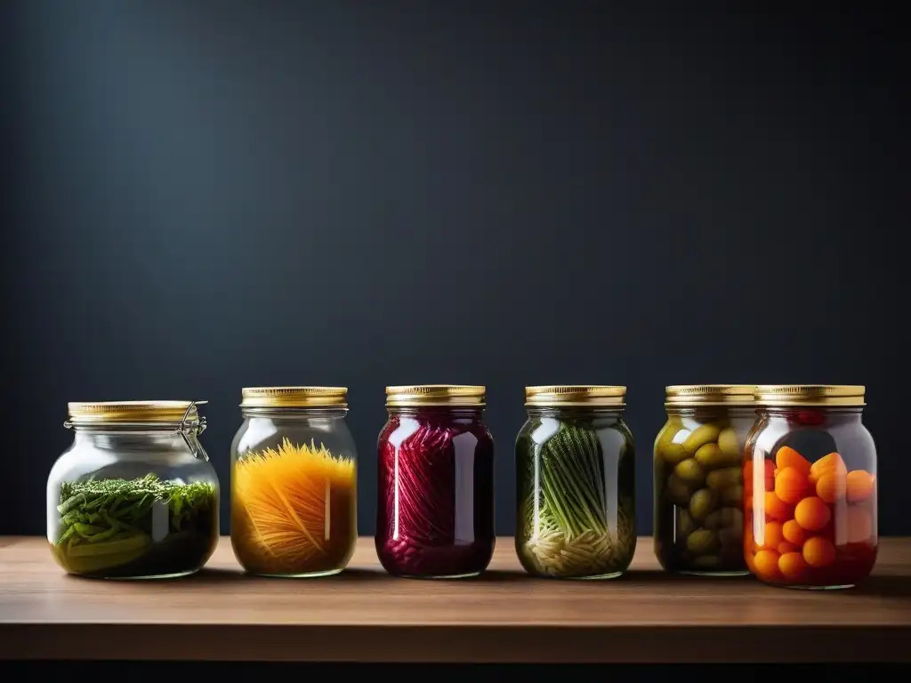 Arte vegano: fermentación de vegetales en cocina vegana con coloridas variedades en frascos de vidrio