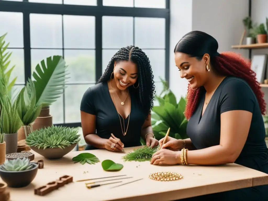 Artesanos felices creando joyas veganas en un taller sostenible y lleno de luz natural