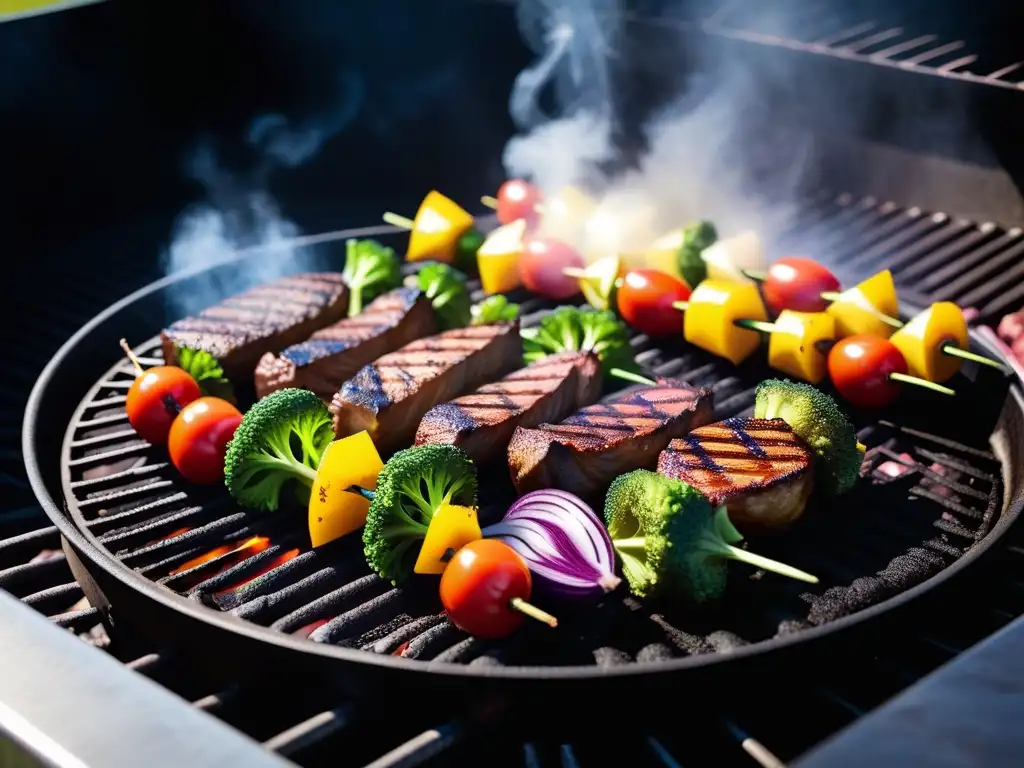 Un asado vegano lleno de sabores: verduras y carnes vegetales cocinadas a la perfección en una parrilla vibrante y colorida