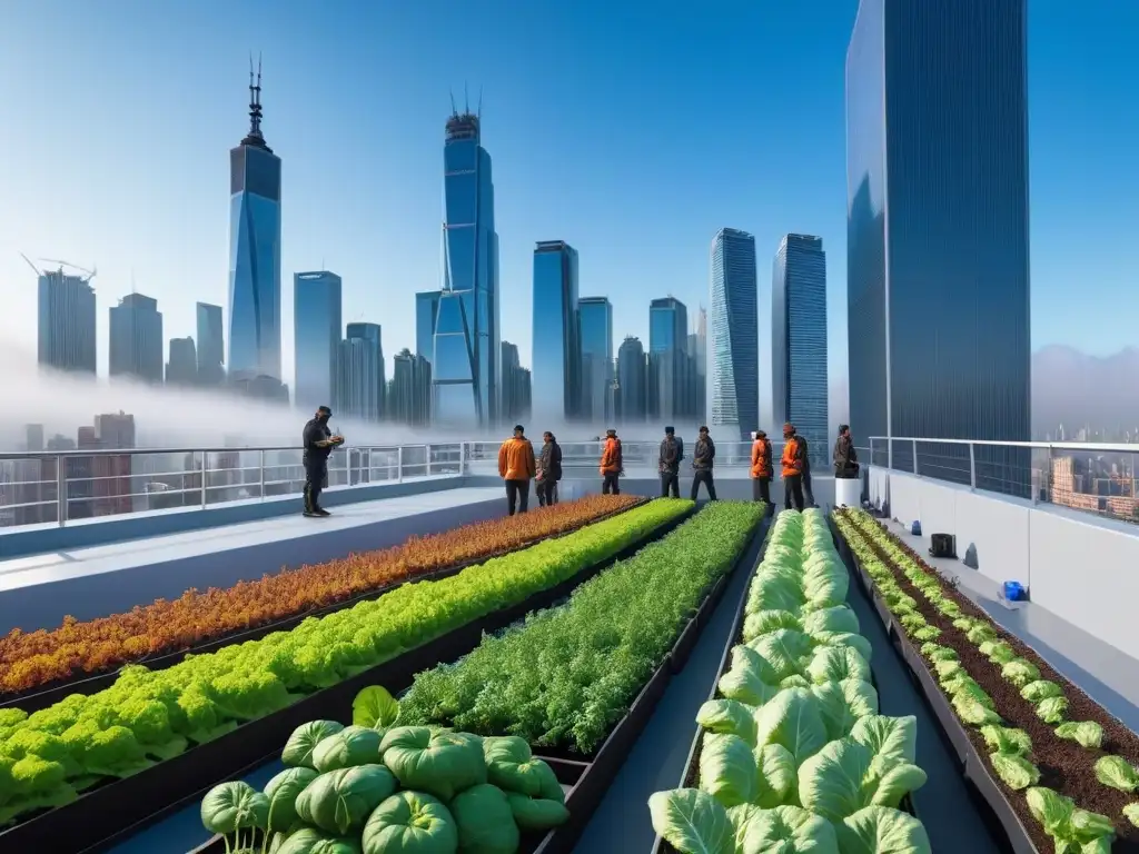 Una asombrosa azotea urbana llena de plantas verdes, con personas cosechando verduras frescas