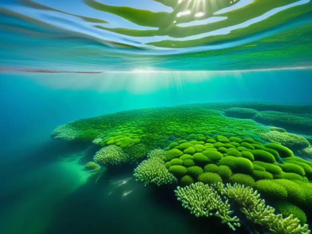 Un asombroso y detallado mundo submarino repleto de algas coloridas resplandecientes