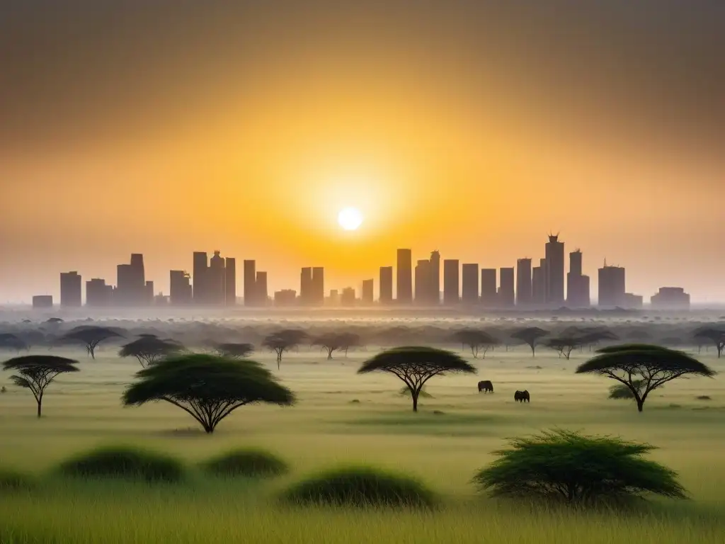 Atardecer en la ciudad y sabana africana, simbolizando la evolución de la cocina vegana africana