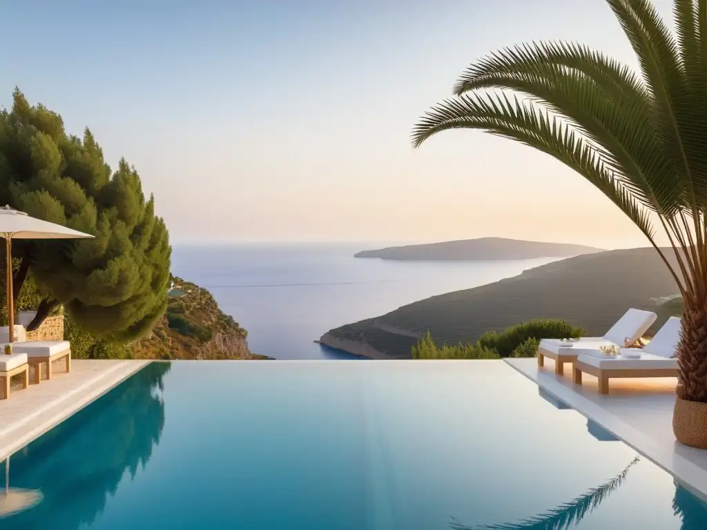 Atardecer en retiro vegano de lujo en Grecia con piscina infinity y vistas al mar Egeo