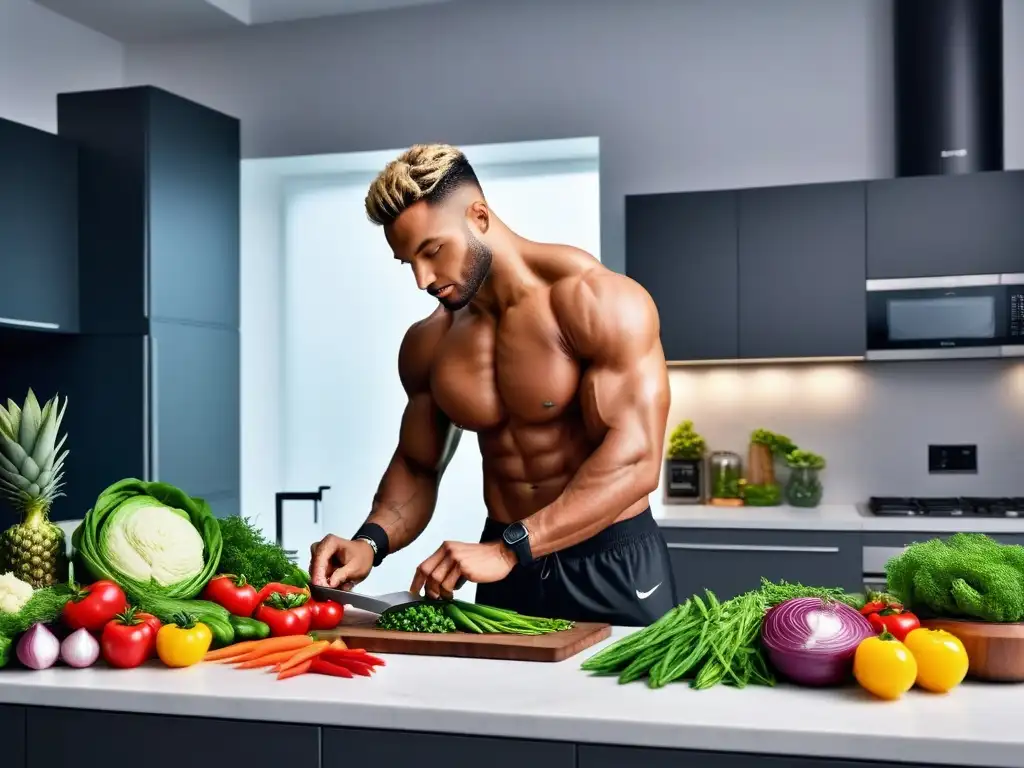 Un atleta profesional en óptima condición física preparando una colorida y nutritiva comida vegana en una cocina moderna