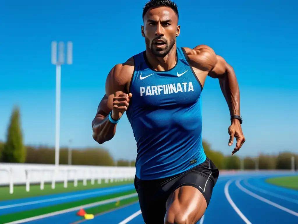 Un atleta profesional en plena carrera, con expresión concentrada, músculos definidos y sudor en el rostro determinado