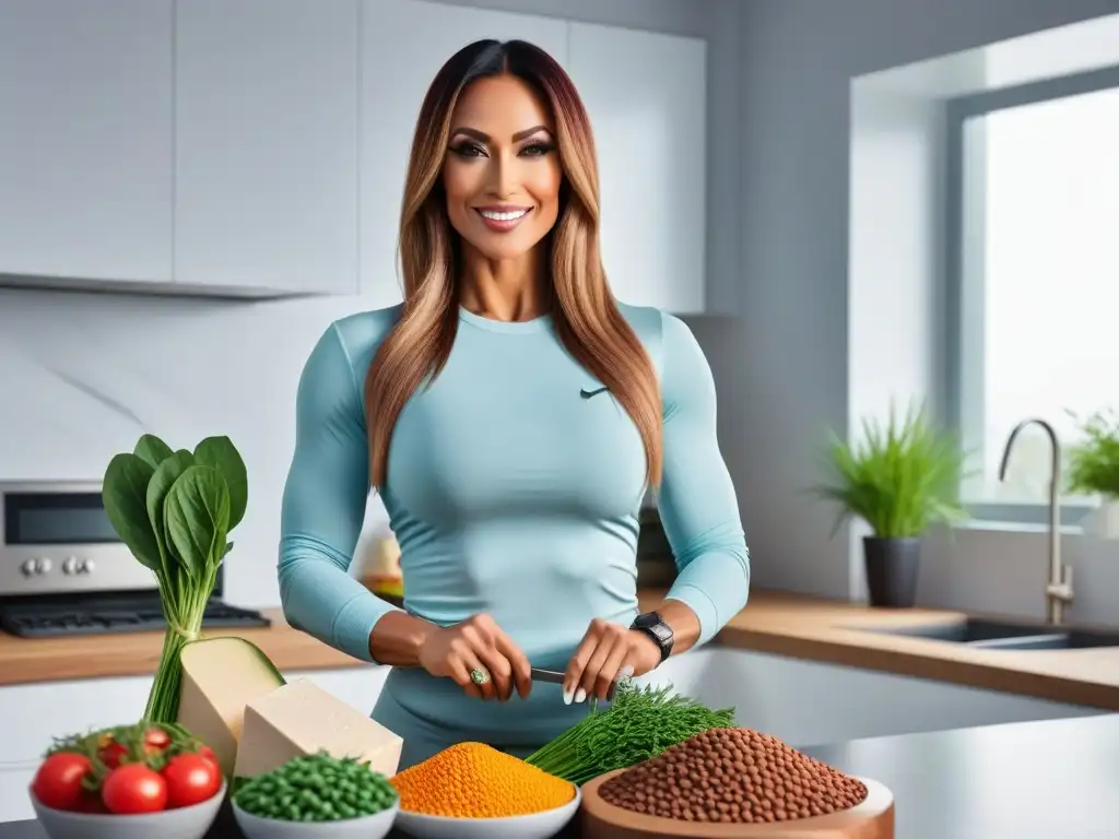 Atleta vegana con alimentos proteicos veganos en cocina moderna