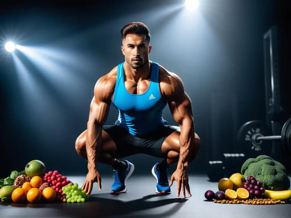 Un atleta vegano joven muestra fuerza y agilidad en su entrenamiento, rodeado de alimentos saludables