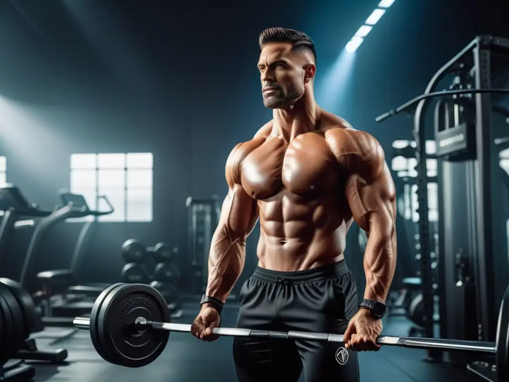 Un atleta vegano masculino desafiando su entrenamiento en un gimnasio moderno y elegante, mostrando su musculatura definida y enfoque intenso