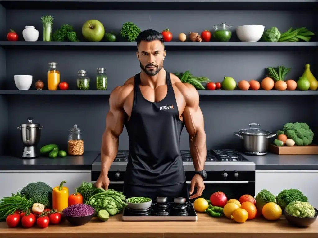 Un atleta vegano musculoso cocina platos coloridos y nutritivos en una cocina moderna con estantes llenos de libros de cocina vegana, equipamiento deportivo y alimentos frescos