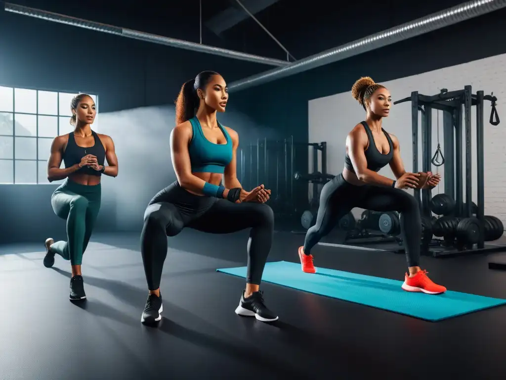 Atletas en acción con ropa deportiva vegana de calidad en gimnasio futurista