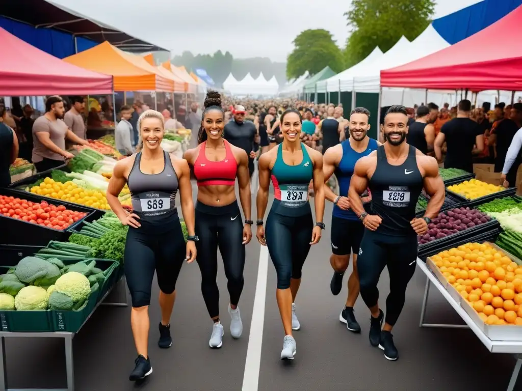 Atletas veganos energéticos y fuertes disfrutan de comidas saludables en un mercado vibrante