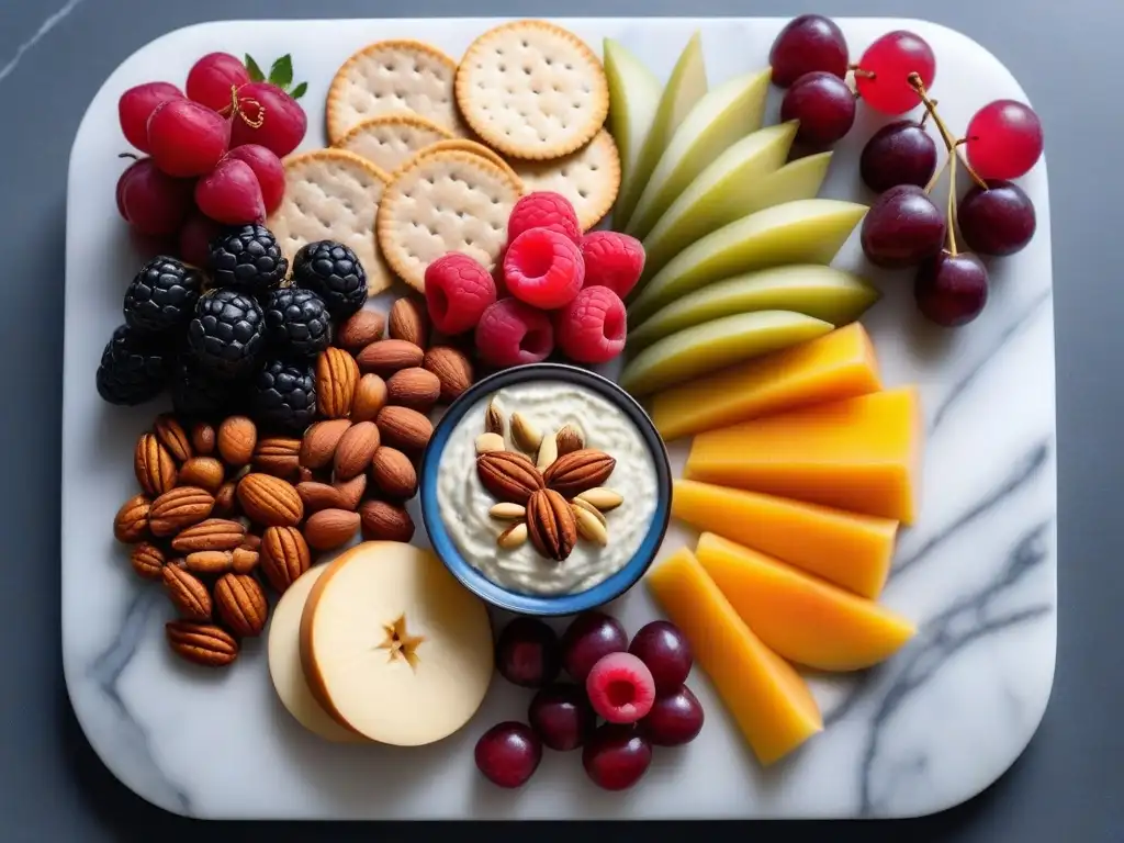 Una atractiva tabla de embutidos vegana, llena de frutas coloridas, frutos secos, semillas, quesos veganos y galletas, sobre una encimera de mármol