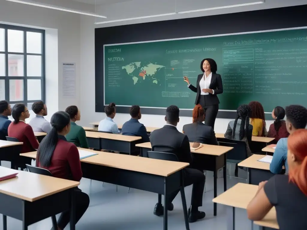 Aula inclusiva: estudiantes aprenden sobre nutrición vegetal Un aula vibrante con educación vegana en instituciones educativas, estudiantes diversos atentos a la lección del profesor sobre nutrición vegetal