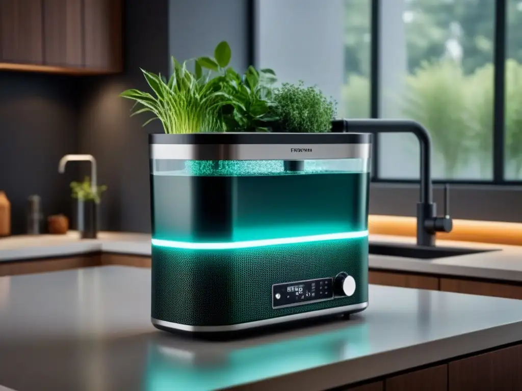 Avanzada filtración en cocina vegana con tecnología ecofriendly y diseño elegante integrado en encimera de cocina moderna