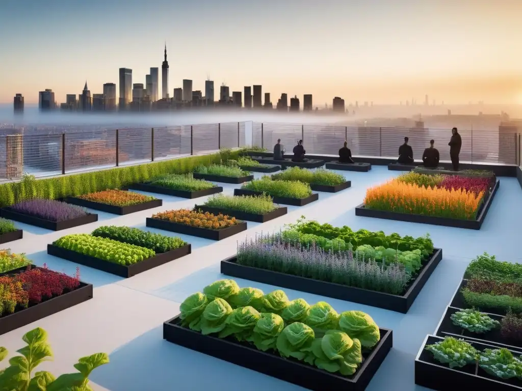 Un jardín en la azotea urbana con personas meditando en círculo entre plantas verdes y vegetales