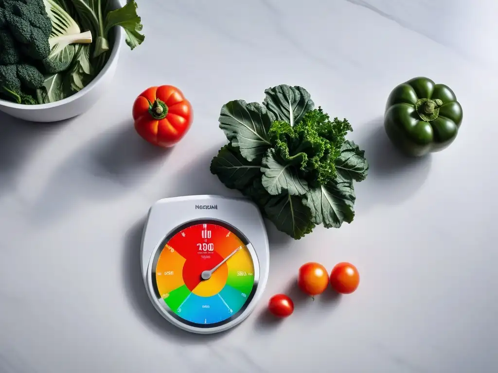 Balanza cocina digital vegana muestra precisión con ingredientes frescos en un entorno moderno y luminoso