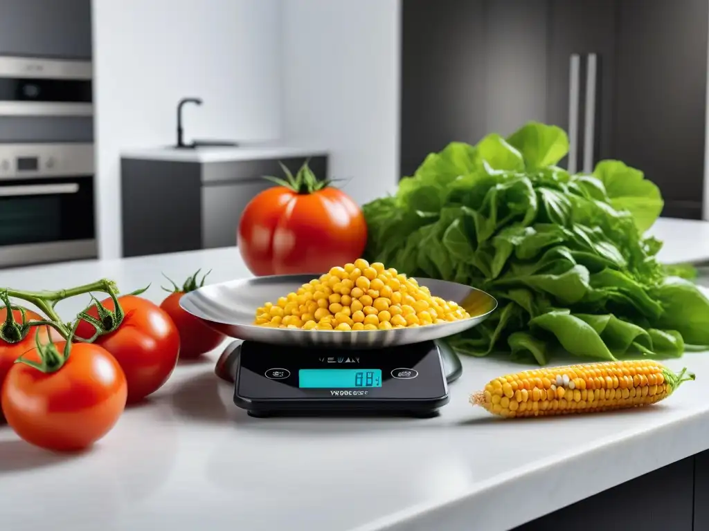 Balanza digital vegana: precisión y frescura con ingredientes vibrantes en una cocina moderna y minimalista