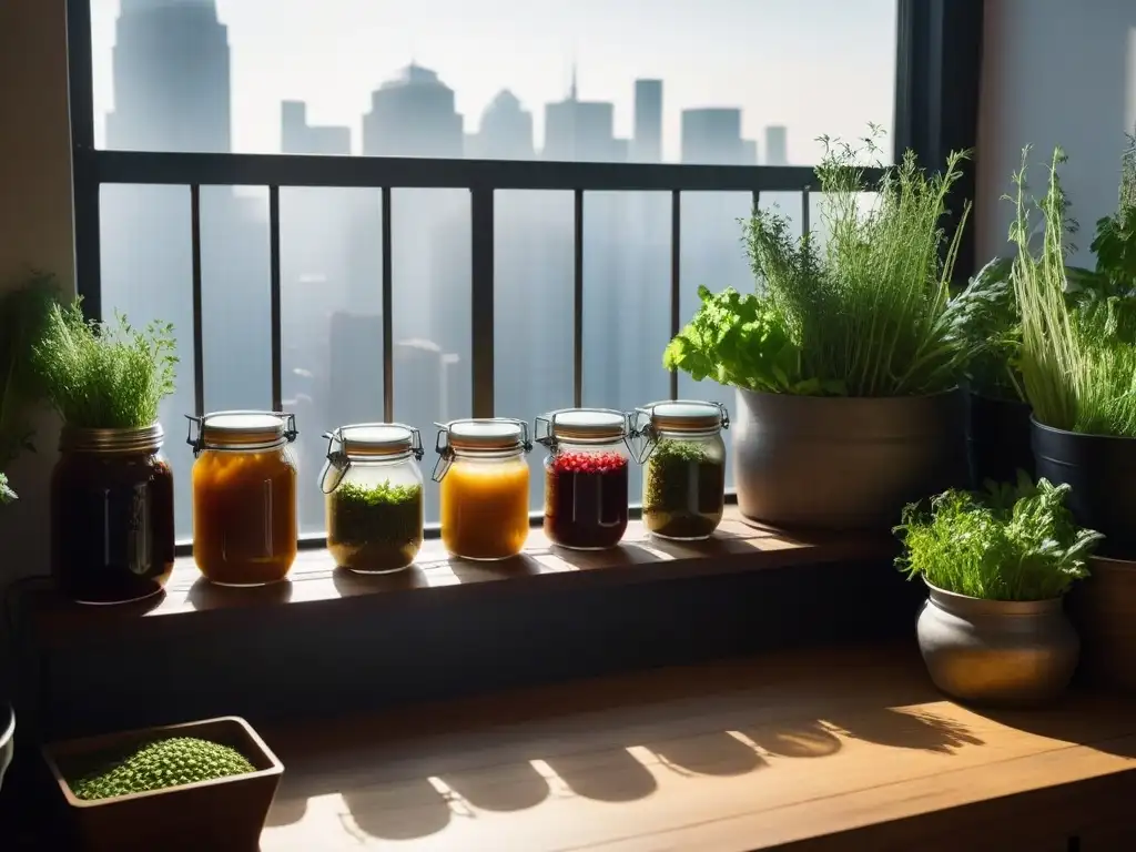 Un balcón urbano convertido en estación de fermentación vibrante y exuberante, cultivando sabores en espacios pequeños