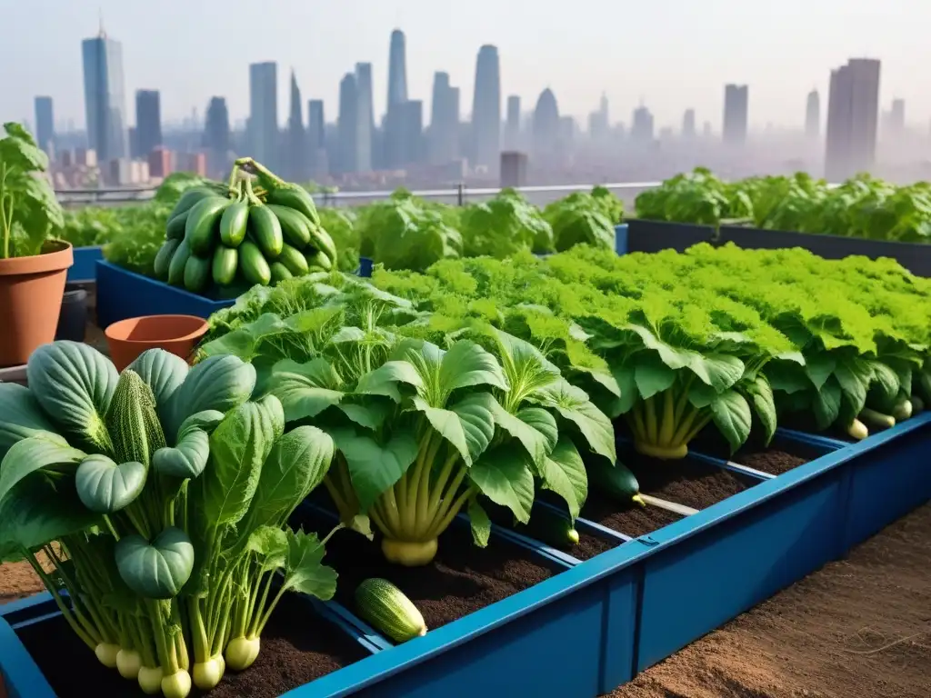 Un balcón urbano lleno de calabacines verdes en macetas, con la ciudad al fondo