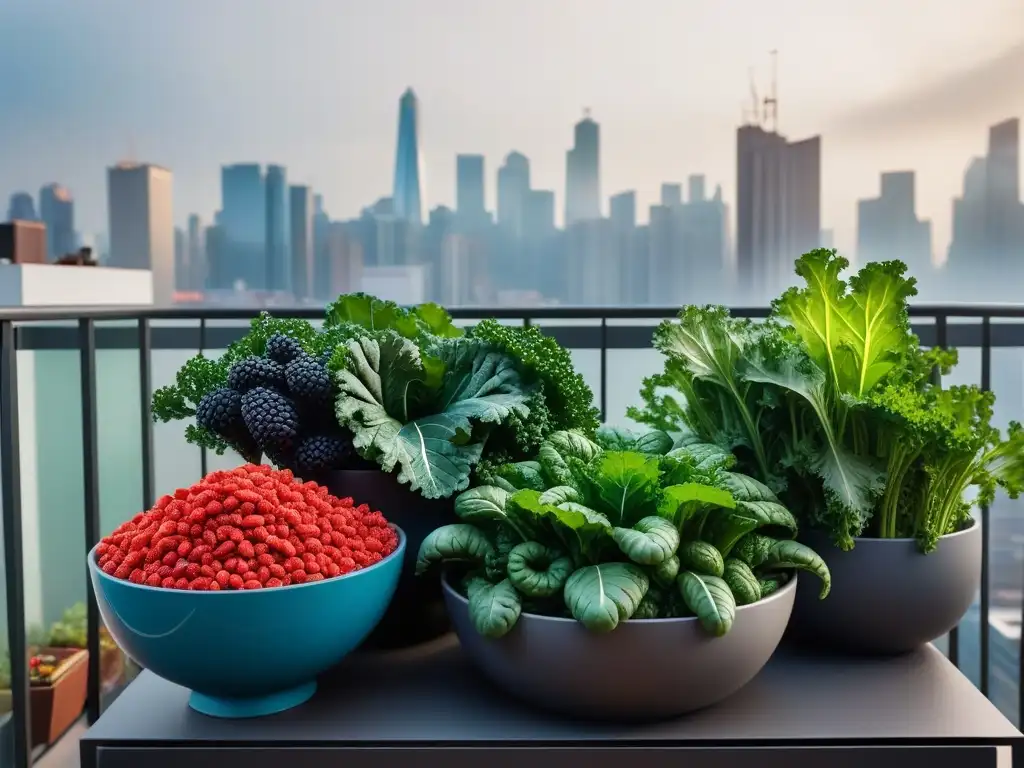 Un balcón urbano moderno con superalimentos veganos cultivados en casa, como kale, bayas de goji y arándanos en macetas contemporáneas