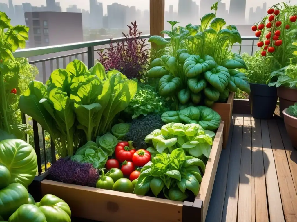 Un balcón vibrante y exuberante lleno de verduras y hierbas coloridas, cultivar ingredientes veganos en balcones