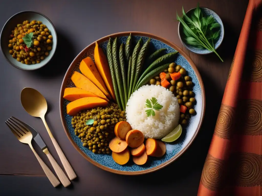 Un banquete vegano africano en una vibrante imagen con ingredientes coloridos en un plato artístico sobre una mesa rústica